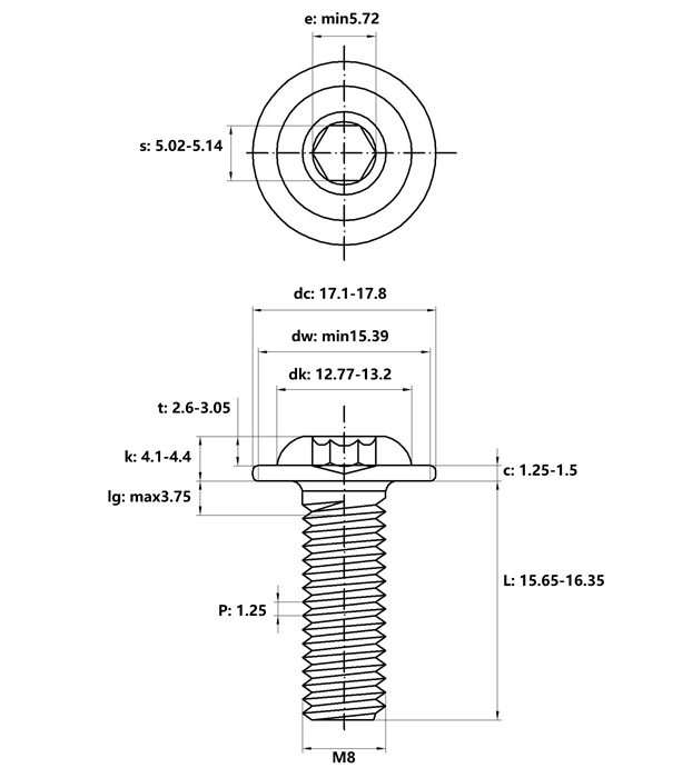 Bản vẽ kỹ thuật Lục Giác Chìm Mo Thép Mạ Kẽm Trắng Cr3+ 10.9 ISO7380-2 M8x16 (10Cái/Bịch)