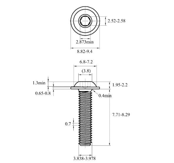 Bản vẽ kỹ thuật Lục Giác Chìm Mo Thép Mạ Kẽm Trắng Cr3+ 10.9 ISO7380-2 M4x8 (25Cái/Bịch)