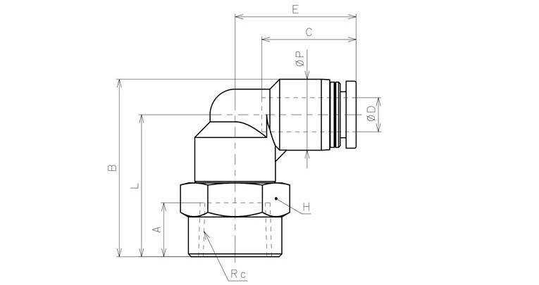 Bản vẽ kỹ thuật Đầu Nối Nhanh Khí Nén Dạng Cong 90° Ren Trong Pisco PLF1/4-N2U