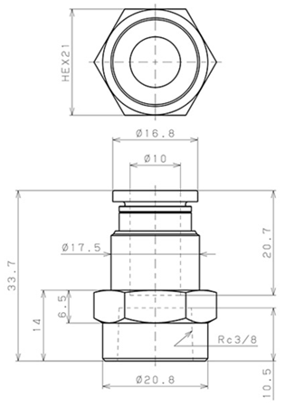 Bản vẽ kỹ thuật Đầu Nối Nhanh Khí Nén Thẳng Phi 10mm Ren Trong R3/8 Pisco PCF10-03