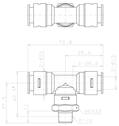 Bản vẽ kỹ thuật Đầu Nối Nhanh Khí Nén Dạng Chữ T Ren Ngoài Pisco APB12-02-C