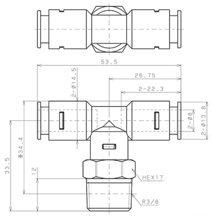 Bản vẽ kỹ thuật Đầu Nối Nhanh Khí Nén Dạng Chữ T Ren Ngoài Pisco APB8-03-C