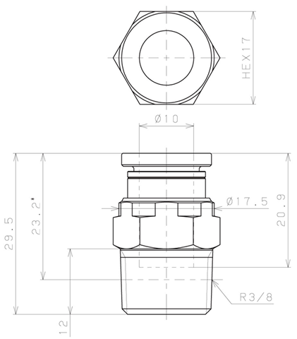 Bản vẽ kỹ thuật Đầu Nối Nhanh Khí Nén Dạng Thẳng Thân Lục Giác Ren Ngoài Pisco KC10-03-1