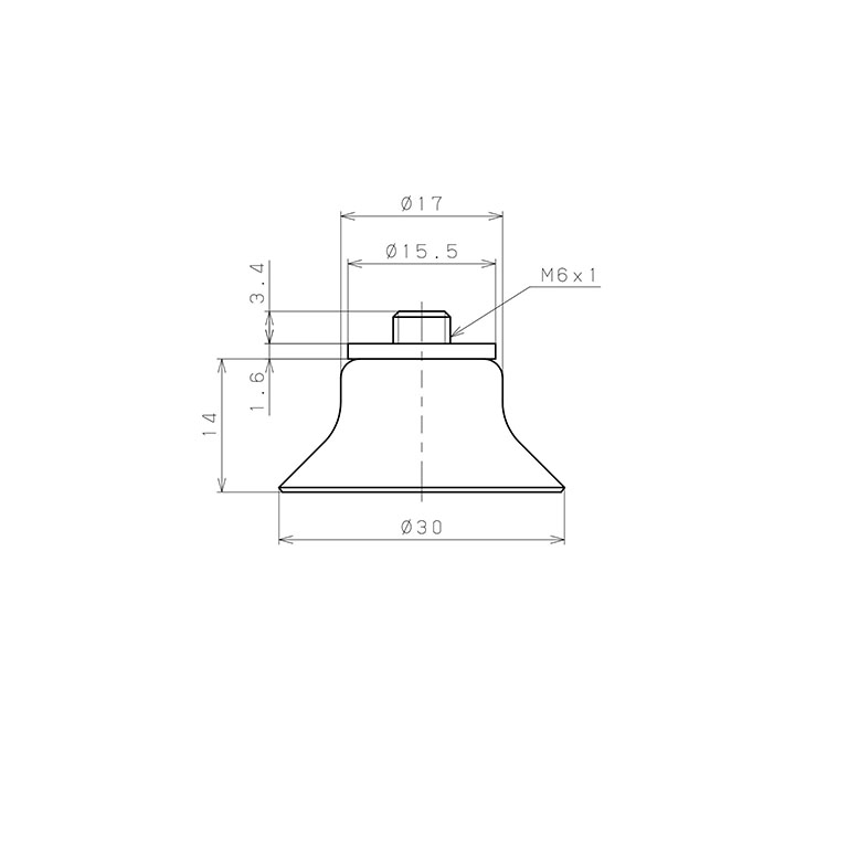 Bản vẽ kỹ thuật Bộ Nấm Hút Chân Không Có Vít Ren, Cao Su Fluoro, O.D 30 mm, Pisco VP30AF-M6