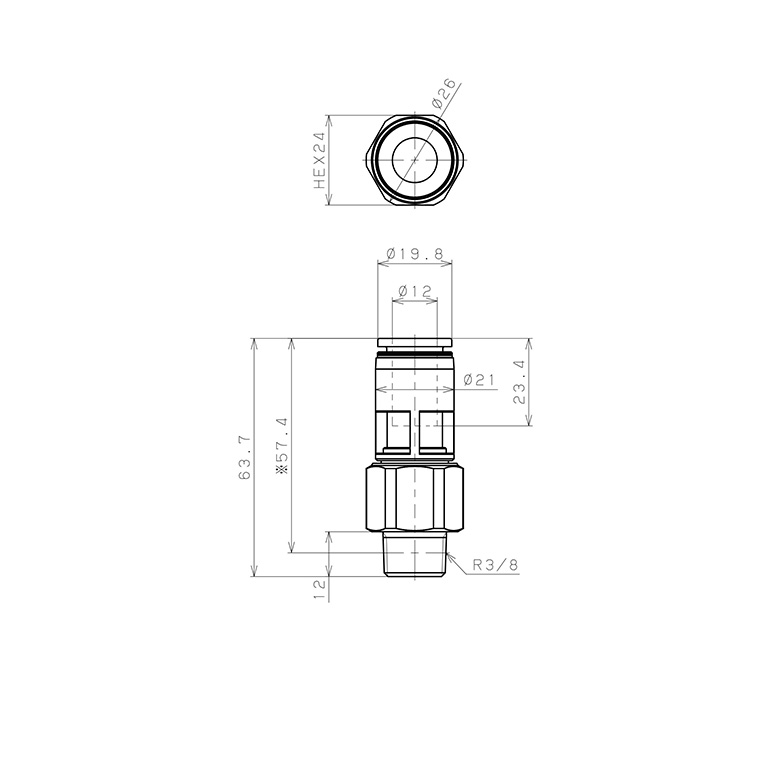 Bản vẽ kỹ thuật Đầu Nối Nhanh Khí Nén Dạng Thẳng Ren Ngoài Có Khớp Xoay Pisco RC12-03