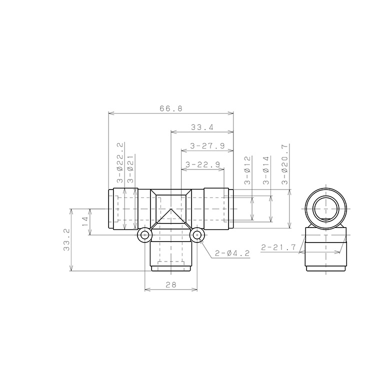 Bản vẽ kỹ thuật Đầu Nối Nhanh Khí Nén Chữ T Pisco PE12V-0