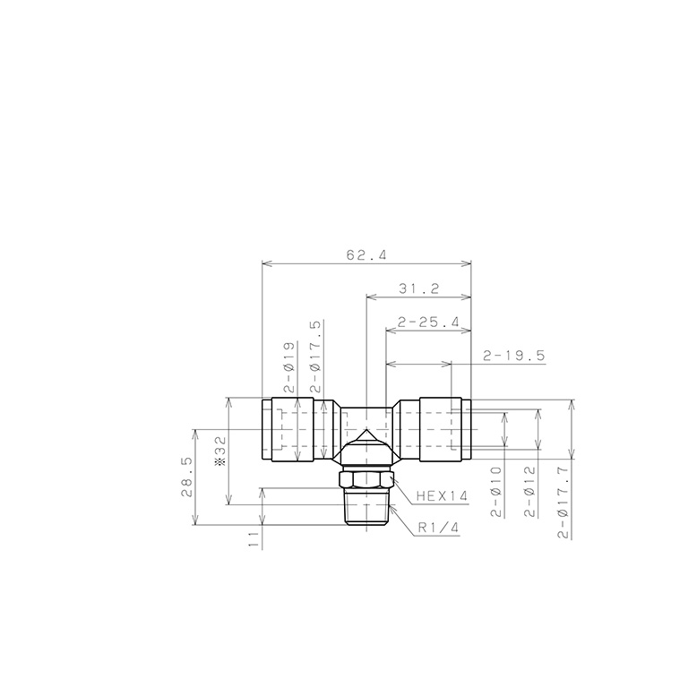 Bản vẽ kỹ thuật Đầu Nối Nhanh Khí Nén Dạng Chữ T Ren Ngoài Pisco PB10-02V-0