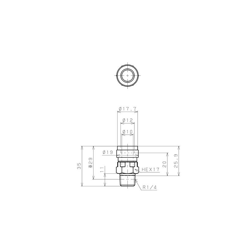 Bản vẽ kỹ thuật Đầu Nối Nhanh Khí Nén Dạng Thẳng Thân Lục Giác Ren Ngoài Pisco PC10-02V-0