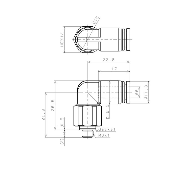 Bản vẽ kỹ thuật Đầu Nối Nhanh Khí Nén Dạng Cong 90° Ren Ngoài Có Khớp Xoay Pisco RL6-M6