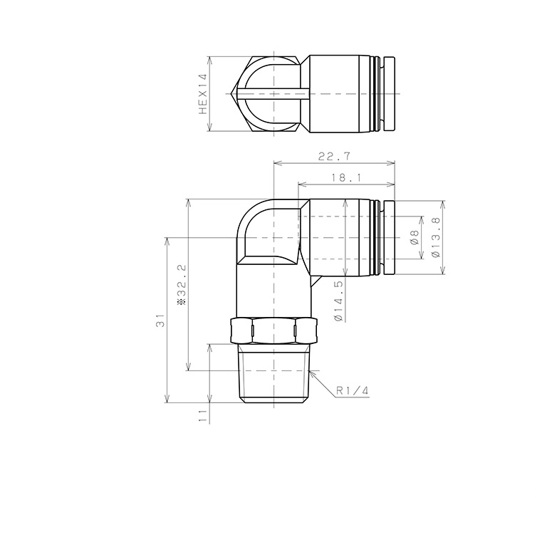 Bản vẽ kỹ thuật Đầu Nối Nhanh Khí Nén Dạng Cong 90° Ren Ngoài Pisco PPL8-02SUS-F-S-C