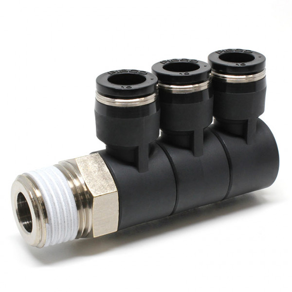 Đầu Nối Nhanh Khí Nén Ba Nhánh Cong 90° Thân Lục Giác Trụ Ren Ngoài Pisco PHT10-04W
