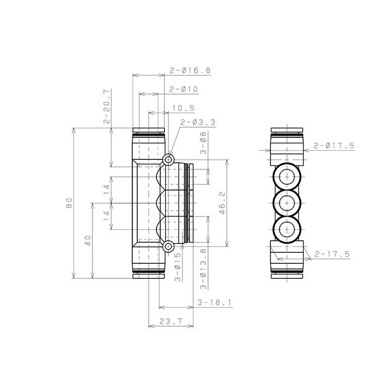 Bản vẽ kỹ thuật Đầu Nối Nhanh Khí Nén Chữ T 5 Ngã Dạng Nối Giảm Pisco PKG10-8