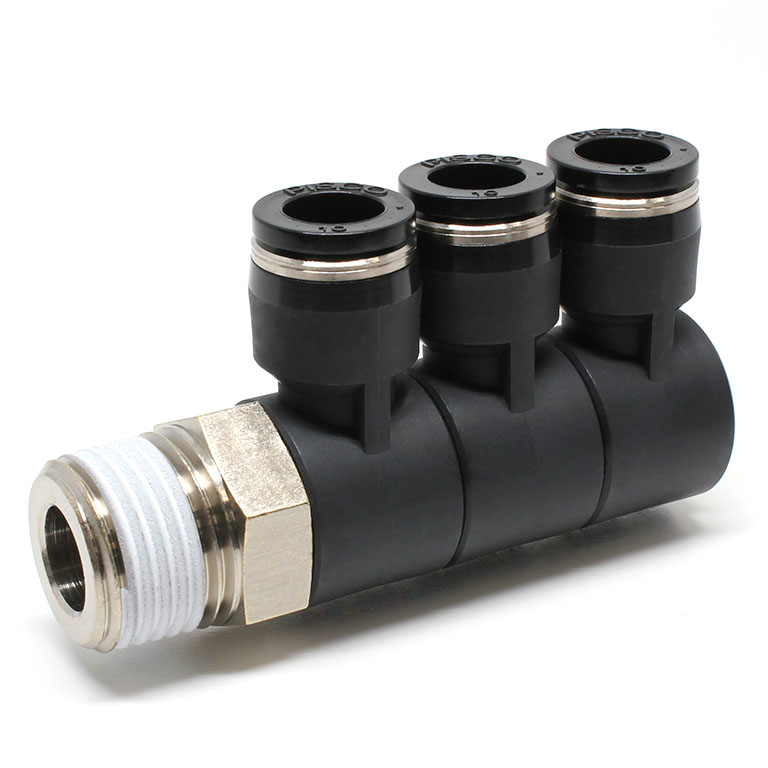 Đầu Nối Nhanh Khí Nén Ba Nhánh Cong 90° Thân Lục Giác Trụ Ren Ngoài Pisco PHT3/8-N4U