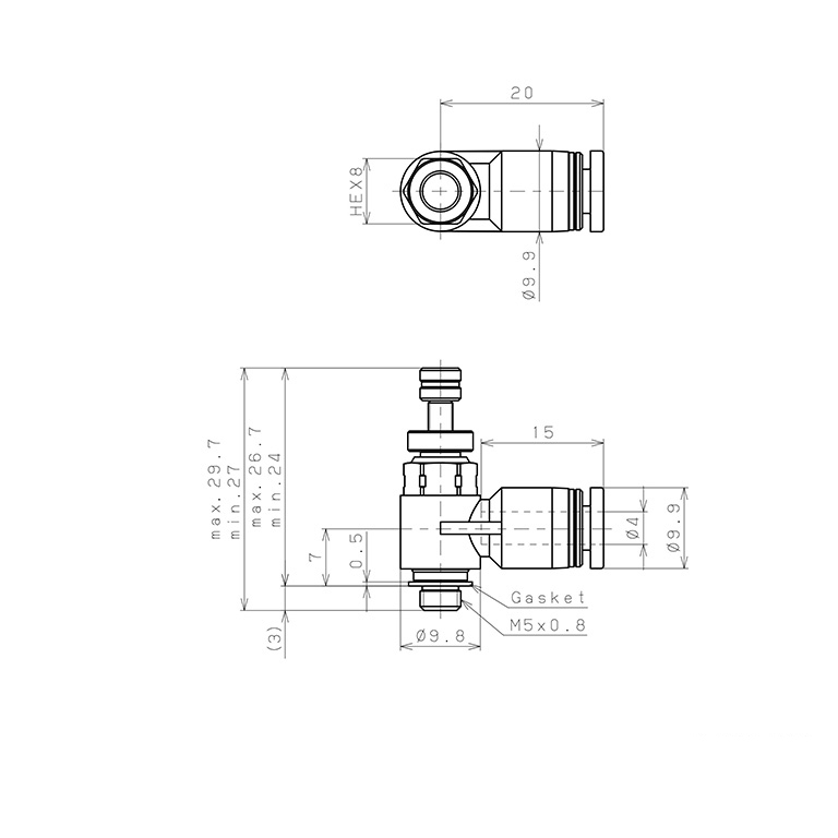 Bản vẽ kỹ thuật Van Tiết Lưu Khí Nén Chân Kim, Nhựa PP Và Inox 304 Pisco PJNC4-M5