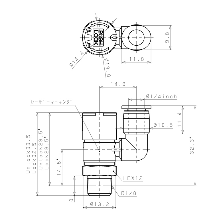 Bản vẽ kỹ thuật Van Tiết Lưu Khí Nén Loại Khóa Đẩy Có Hiển Thị Chỉ Số Pisco JSGS1/4-01ALW