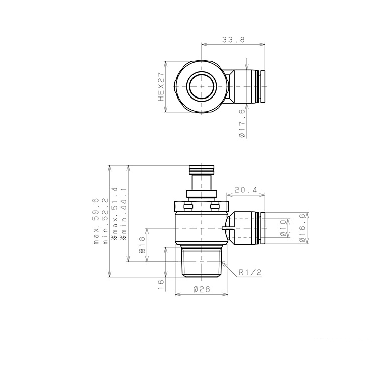Bản vẽ kỹ thuật Van Tiết Lưu Khí Nén Chân Kim, Nhựa PP Và Inox 304 Pisco PJNC10-04-S-C