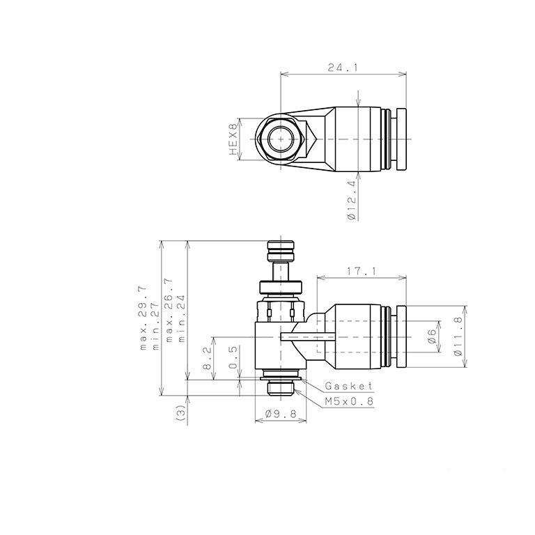 Bản vẽ kỹ thuật Van Tiết Lưu Khí Nén Chân Kim, Nhựa PP Và Inox 304 Pisco PJNC6-M5-F-C