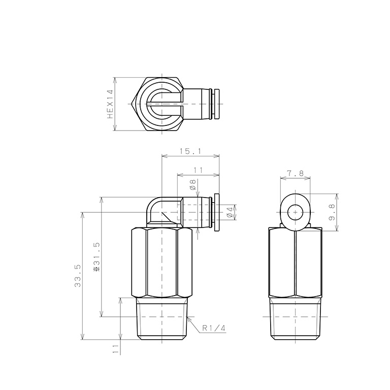 Bản vẽ kỹ thuật Đầu Nối Nhanh Khí Nén Dạng Cong 90° Ren Ngoài (Dài) Pisco PLL4-02M