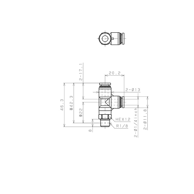 Bản vẽ kỹ thuật Đầu Nối Nhanh Khí Nén Dạng Chữ T Ren Ngoài Pisco PPD1/4-01SUS-S