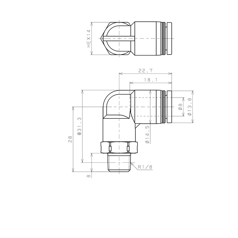 Bản vẽ kỹ thuật Đầu Nối Nhanh Khí Nén Dạng Cong 90° Ren Ngoài Pisco PPL8-01SUS-F-S-C
