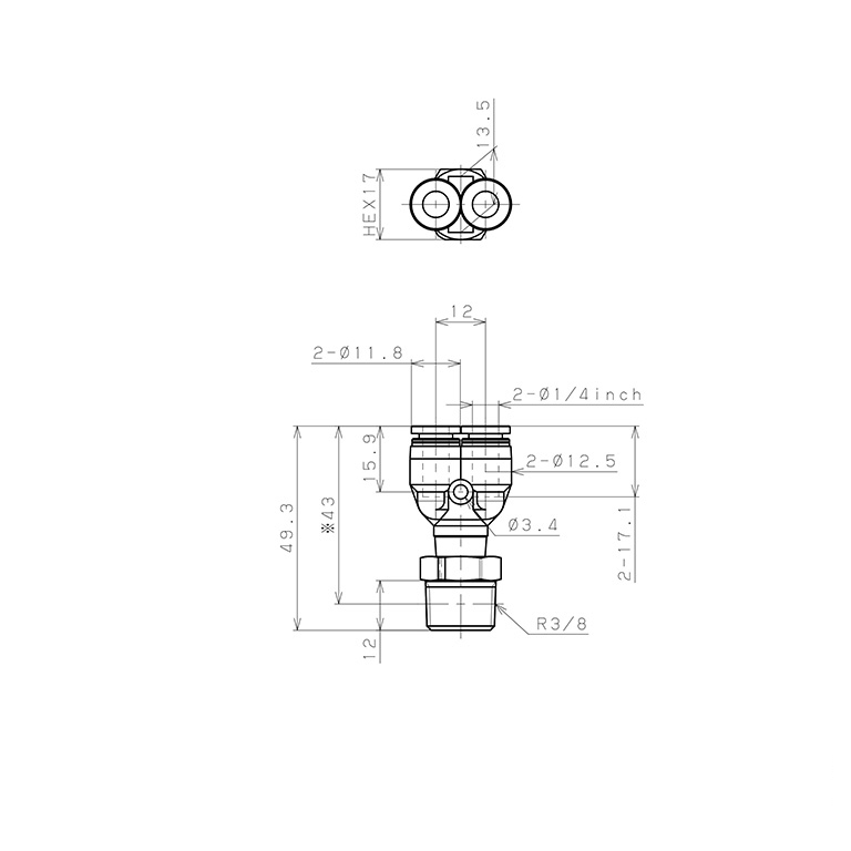 Bản vẽ kỹ thuật Đầu Nối Nhanh Khí Nén Dạng Chữ Y Ren Ngoài Pisco PPX1/4-03-HN