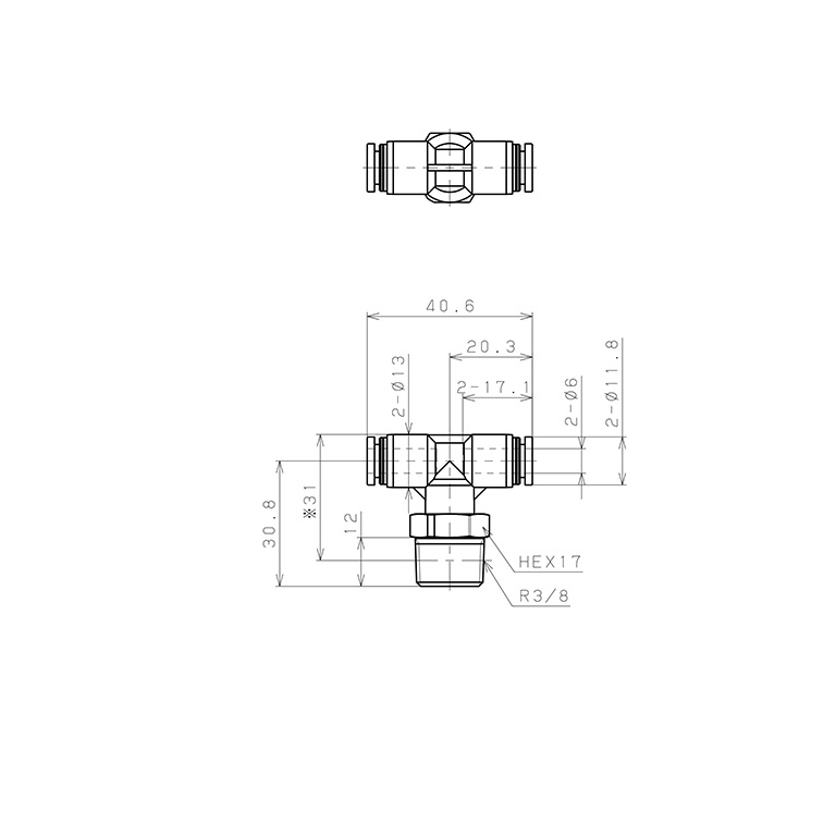 Bản vẽ kỹ thuật Đầu Nối Nhanh Khí Nén Dạng Chữ T Ren Ngoài Pisco PPB6-03-TP-C