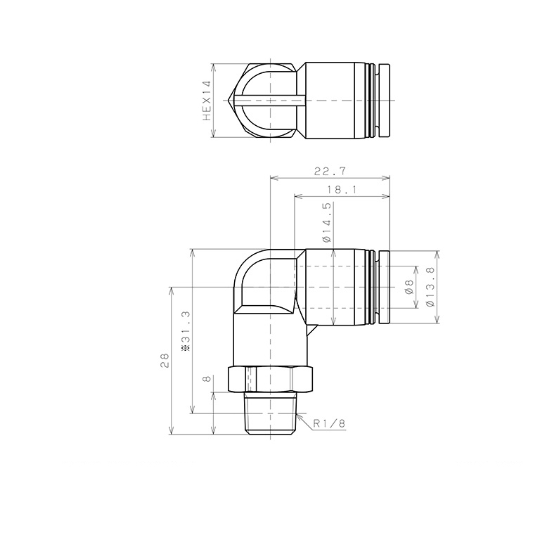 Bản vẽ kỹ thuật Đầu Nối Nhanh Khí Nén Dạng Cong 90° Ren Ngoài Pisco PPL8-01-F