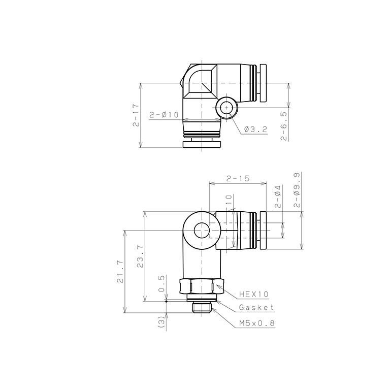 Bản vẽ kỹ thuật Đầu Nối Nhanh Khí Nén Hai Nhánh Chạc Ba Cong 90° Ren Ngoài Pisco PVX4-M5SUS