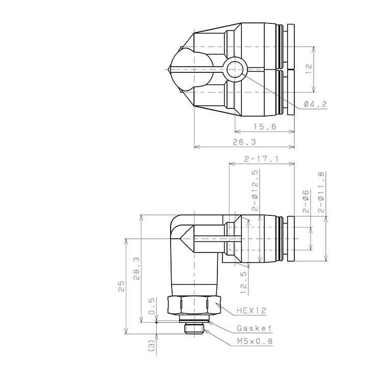 Bản vẽ kỹ thuật Đầu Nối Nhanh Khí Nén Hai Nhánh Cong 90° Ren Ngoài Pisco PAX6-M5SUS