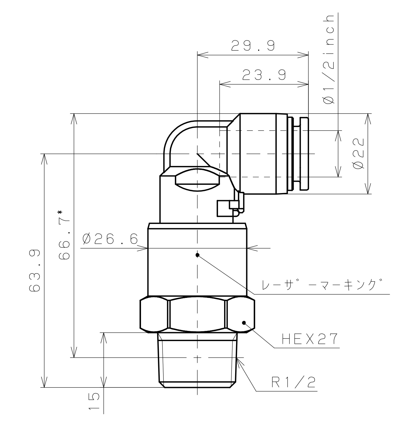 Bản vẽ kỹ thuật Đầu Nối Nhanh Khí Nén Dạng Cong 90° Ren Ngoài Có Khớp Xoay Pisco RAL1/2-04SUS-F