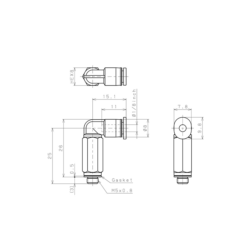 Bản vẽ kỹ thuật Đầu Nối Nhanh Khí Nén Dạng Cong 90° Ren Ngoài (Dài) Pisco PLL1/8-M5M