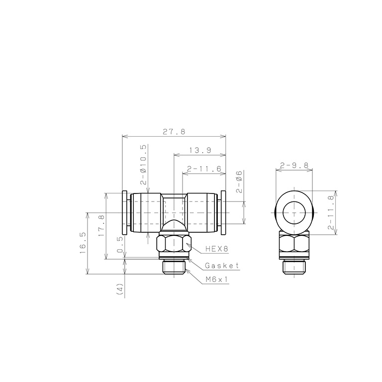 Bản vẽ kỹ thuật Đầu Nối Nhanh Khí Nén Dạng Chữ T Ren Ngoài Pisco PB6-M6M-C