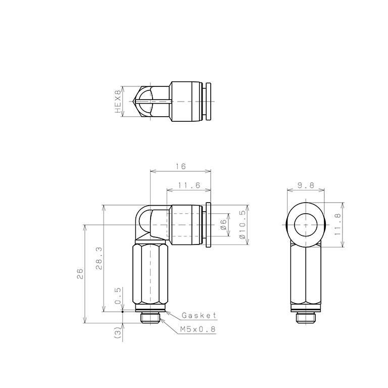 Bản vẽ kỹ thuật Đầu Nối Nhanh Khí Nén Dạng Cong 90° Ren Ngoài (Dài) Pisco PLL6-M5M