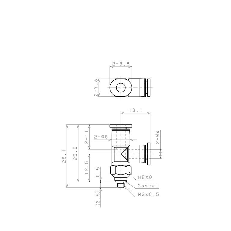 Bản vẽ kỹ thuật Đầu Nối Nhanh Khí Nén Dạng Chữ T Ren Ngoài Pisco PD4-M3MW