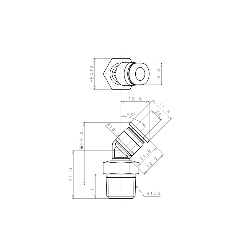 Bản vẽ kỹ thuật Đầu Nối Nhanh Khí Nén Dạng Cong 45° Ren Ngoài Pisco PLH6-02MW