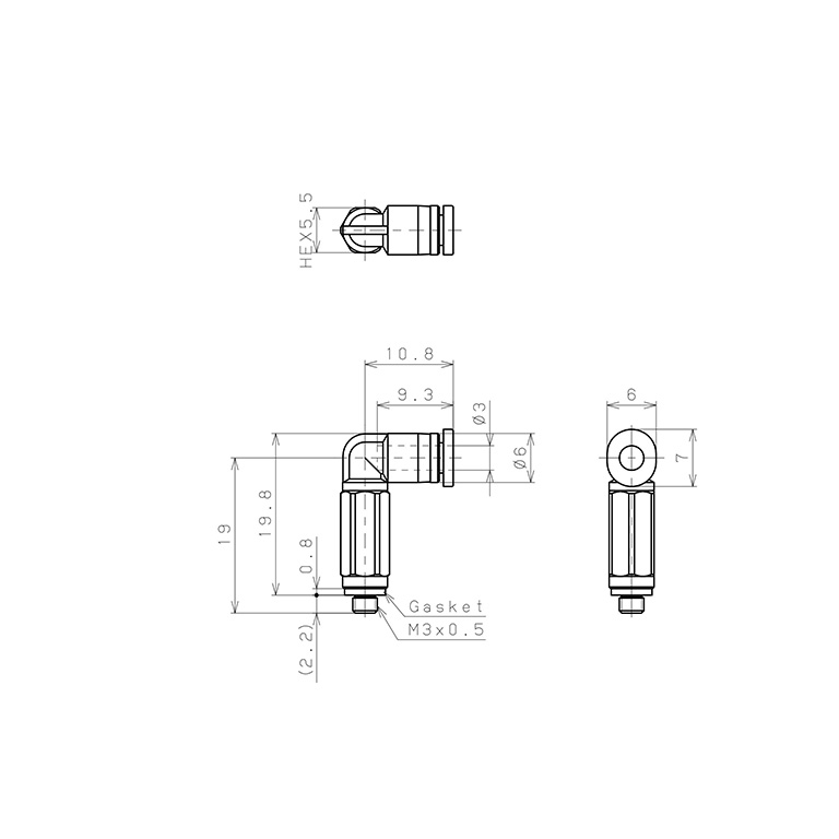 Bản vẽ kỹ thuật Đầu Nối Nhanh Khí Nén Dạng Cong 90° Ren Ngoài (Dài) Pisco PLL3-M3M-C