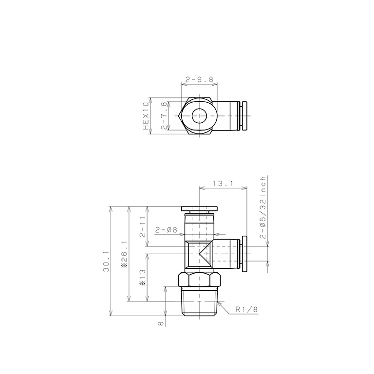 Bản vẽ kỹ thuật Đầu Nối Nhanh Khí Nén Dạng Chữ T Ren Ngoài Pisco PD5/32-01M