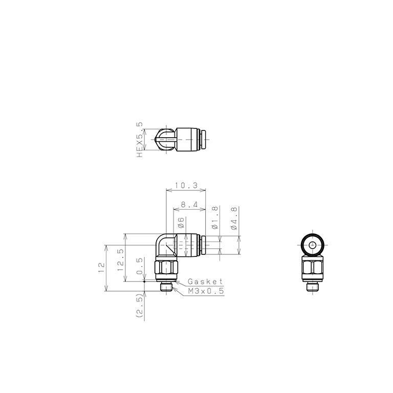 Bản vẽ kỹ thuật Đầu Nối Nhanh Khí Nén Dạng Cong 90° Ren Ngoài Pisco PL180-M3M