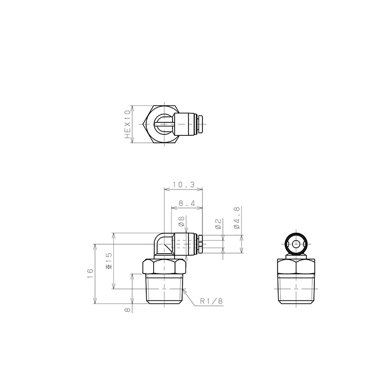 Bản vẽ kỹ thuật Đầu Nối Nhanh Khí Nén Dạng Cong 90° Ren Ngoài Pisco PL2-01MW-C