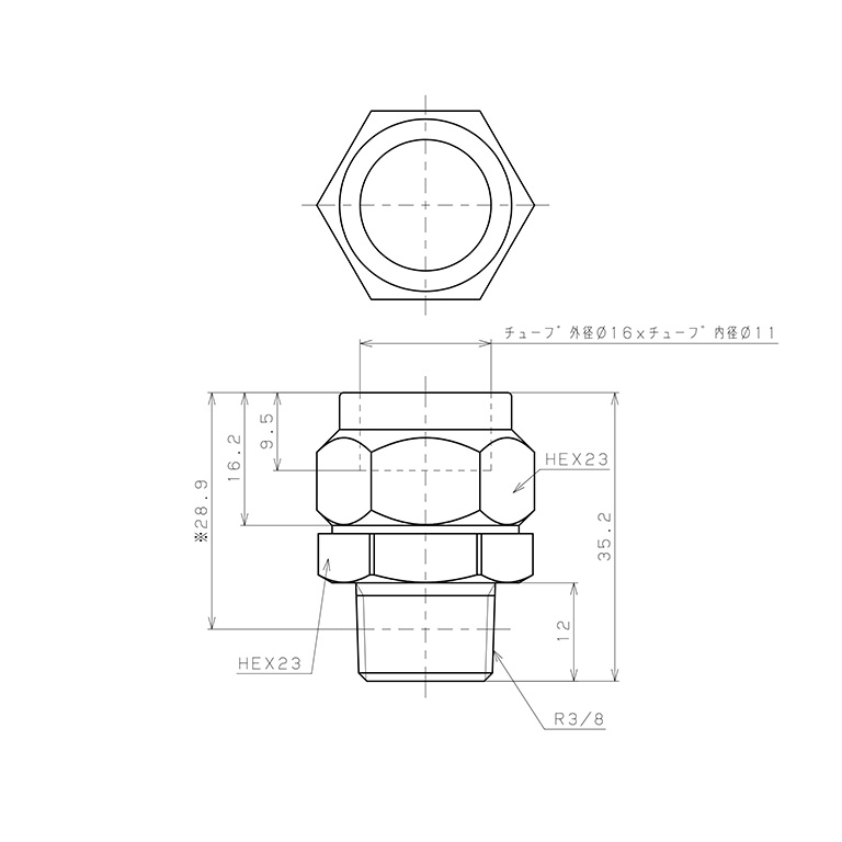 Bản vẽ kỹ thuật Đầu Ngạnh Nối Ống Có Đai Ốc Xiết Dạng Thẳng Thân Lục Giác Ren Ngoài Pisco NKC1611-03