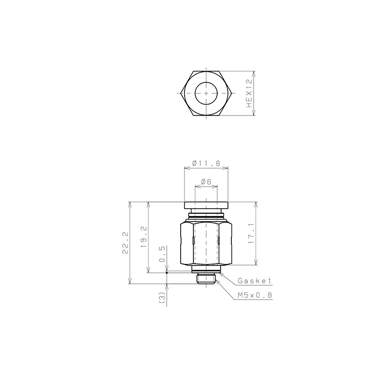 Bản vẽ kỹ thuật Đầu Nối Nhanh Khí Nén Dạng Thẳng Thân Lục Giác Ren Ngoài Pisco PC6-M5SUS
