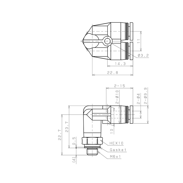 Bản vẽ kỹ thuật Đầu Nối Nhanh Khí Nén Hai Nhánh Cong 90° Ren Ngoài Pisco PAX4-M6SUS