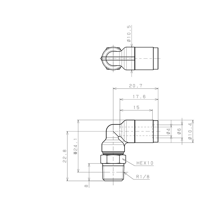 Bản vẽ kỹ thuật Đầu Nối Nhanh Khí Nén Dạng Cong 90° Ren Ngoài Pisco KL4-01