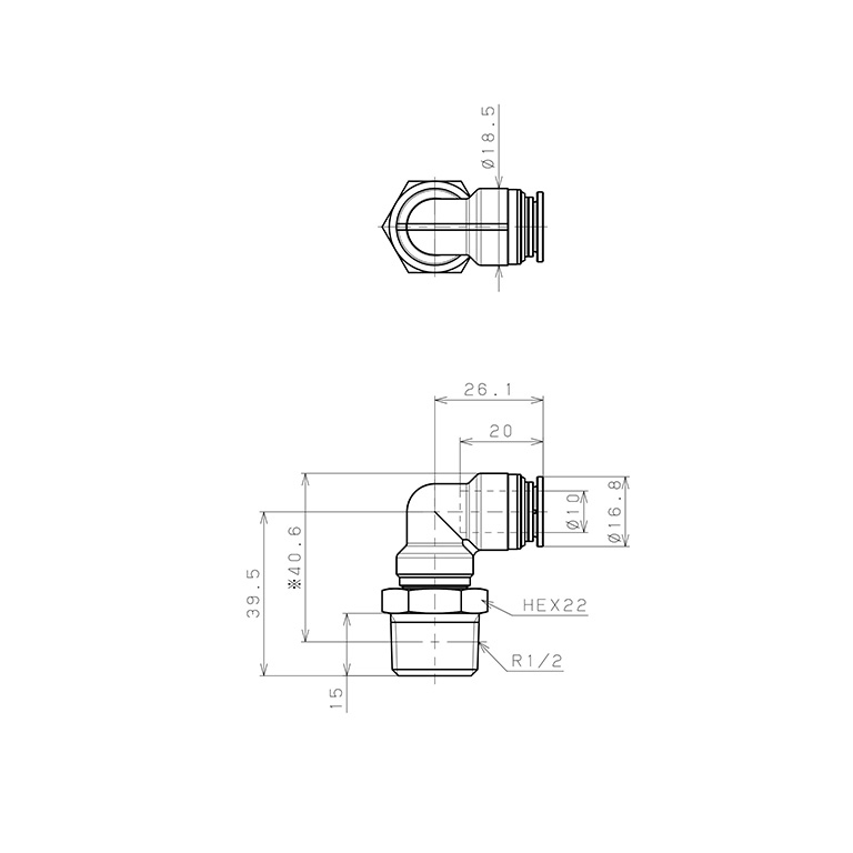 Bản vẽ kỹ thuật Đầu Nối Nhanh Khí Nén Dạng Cong 90° Ren Ngoài Pisco KL10-04-1