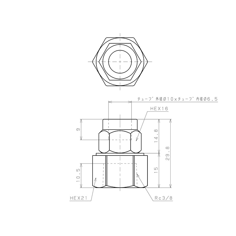 Bản vẽ kỹ thuật Đầu Ngạnh Nối Ống Có Đai Ốc Xiết Dạng Thẳng Thân Lục Giác Ren Trong Pisco NKCF1065-03