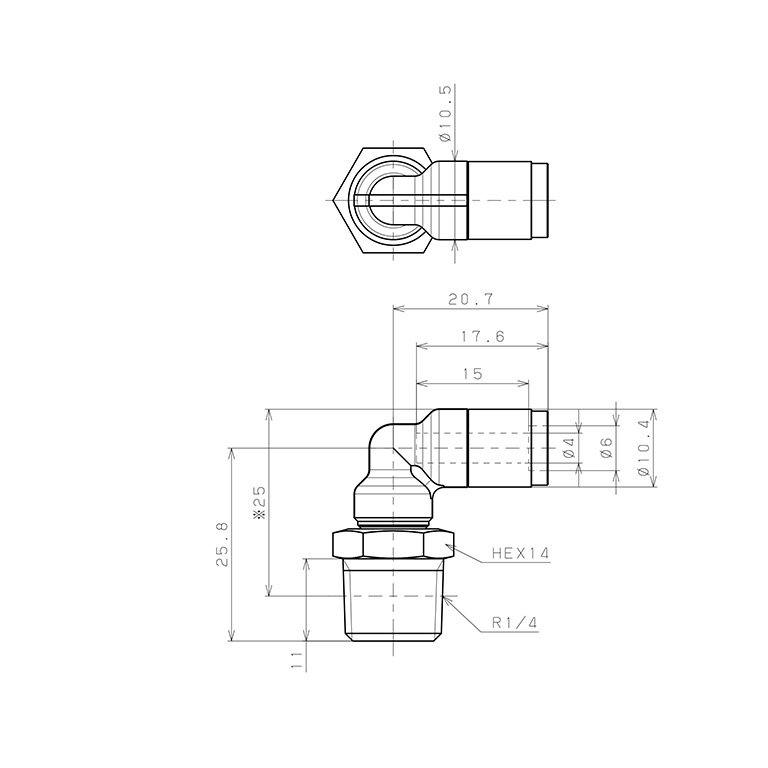Bản vẽ kỹ thuật Đầu Nối Nhanh Khí Nén Dạng Cong 90° Ren Ngoài Pisco KL4-02-F