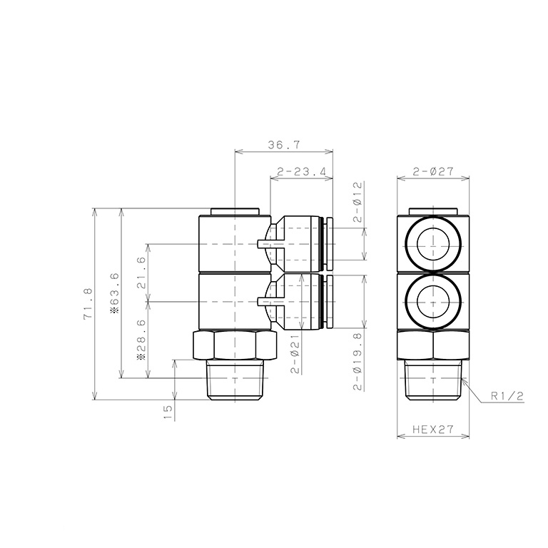 Bản vẽ kỹ thuật Đầu Nối Nhanh Khí Nén Hai Nhánh Cong 90° Thân Lục Giác Trụ Ren Ngoài Pisco PHW12-04W
