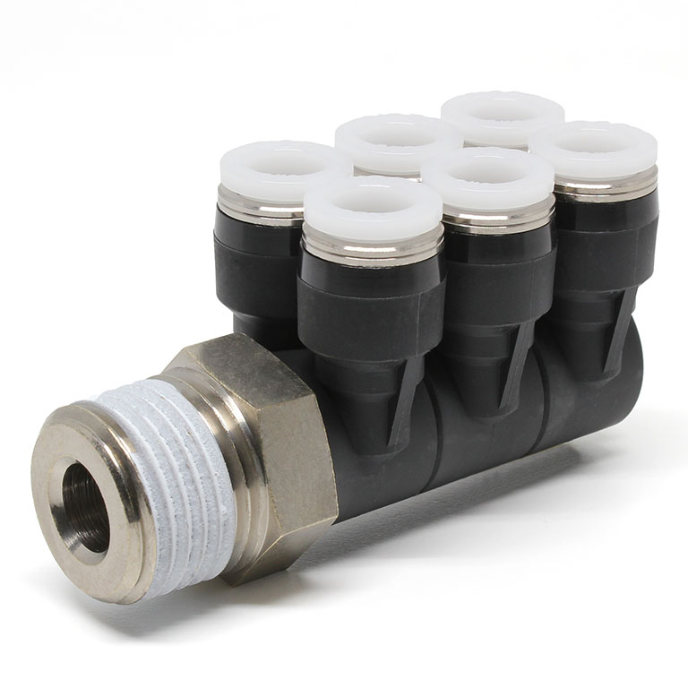 Đầu Nối Nhanh Khí Nén Sáu Nhánh Cong 90° Thân Lục Giác Trụ Ren Ngoài Pisco PAT5/16-04