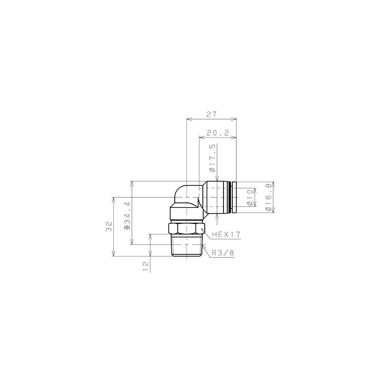 Bản vẽ kỹ thuật Đầu Nối Nhanh Khí Nén Dạng Cong 90° Ren Ngoài Pisco PL10-03-UC