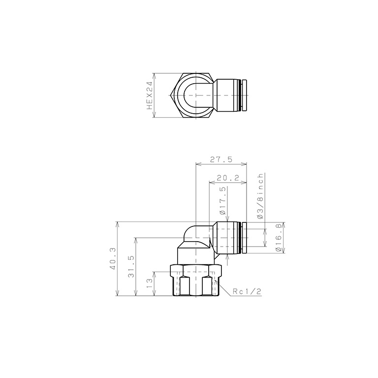 Bản vẽ kỹ thuật Đầu Nối Nhanh Khí Nén Dạng Cong 90° Ren Trong Pisco PLF3/8-04